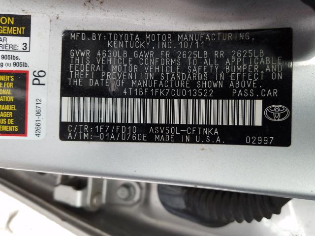 2012 TOYOTA CAMRY BASE 4T1BF1FK7CU013522