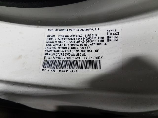 2019 HONDA RIDGELINE 5FPYK3F72KB013699