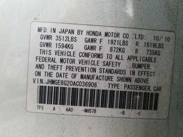 2010 HONDA FIT JHMGE8G20AC036906