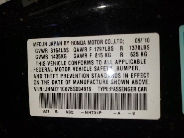 2011 HONDA CR-Z EX JHMZF1C67BS004919