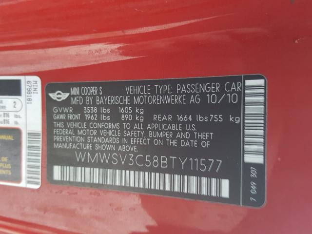 2011 MINI COOPER S WMWSV3C58BTY11577