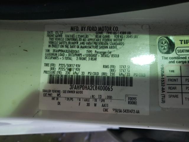 2012 FORD FUSION 3FAHP0HA2CR400065