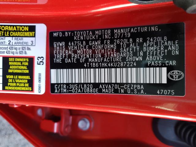 2019 TOYOTA CAMRY 4T1B61HK4KU287224