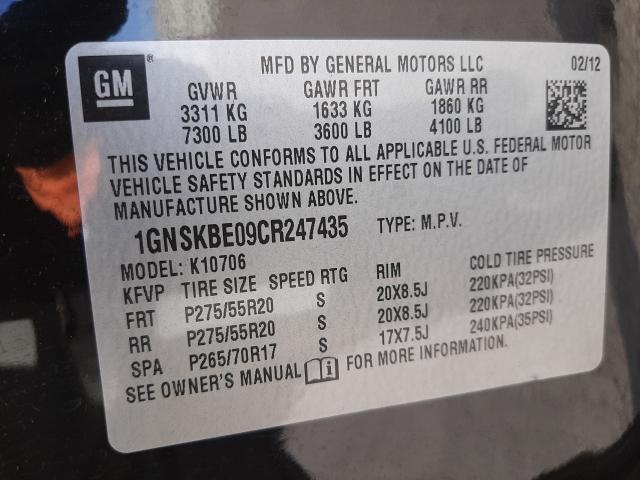 2012 CHEVROLET TAHOE K150 1GNSKBE09CR247435