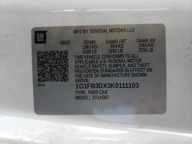 2019 CHEVROLET CAMARO LS 1G1FB3DX3K0111103