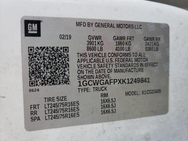 2019 CHEVROLET EXPRESS G2 1GCWGAFPXK1249841