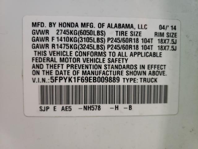 2014 HONDA RIDGELINE 5FPYK1F69EB009889