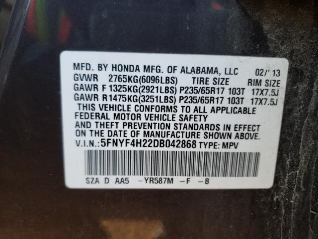 2013 HONDA PILOT LX 5FNYF4H22DB042868