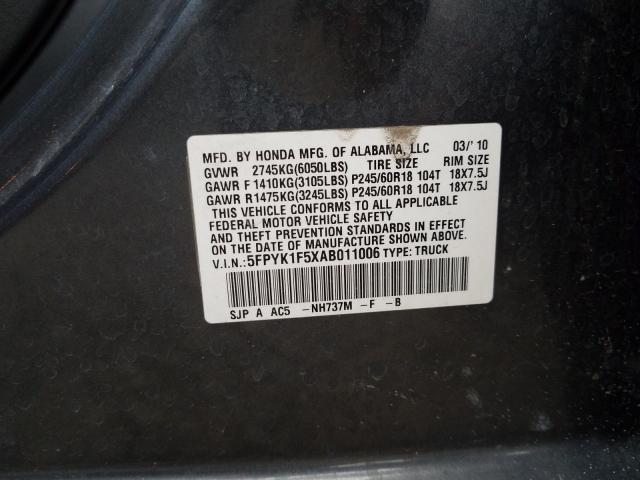 2010 HONDA RIDGELINE 5FPYK1F5XAB011006