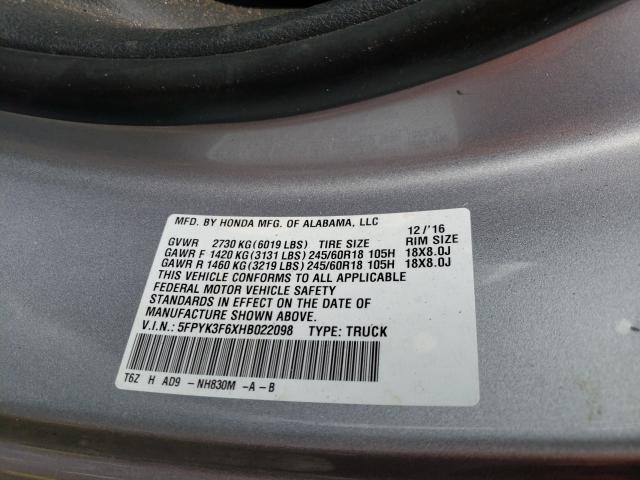 2017 HONDA RIDGELINE - 5FPYK3F6XHB022098