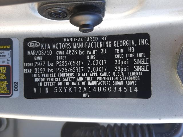2011 KIA SORENTO BA 5XYKT3A14BG034514