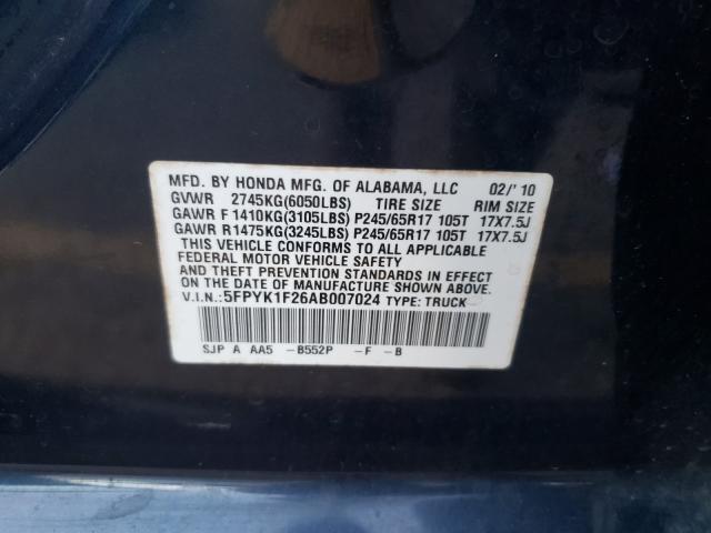 2010 HONDA RIDGELINE 5FPYK1F26AB007024
