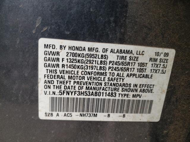 2010 HONDA PILOT EXL 5FNYF3H53AB011483