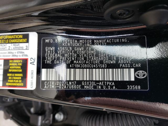 2012 TOYOTA AVALON BAS 4T1BK3DB0CU451583
