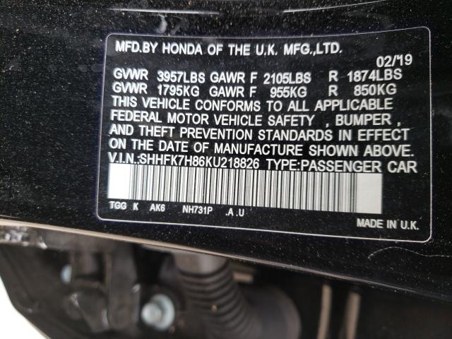2019 HONDA CIVIC EXL SHHFK7H86KU218826