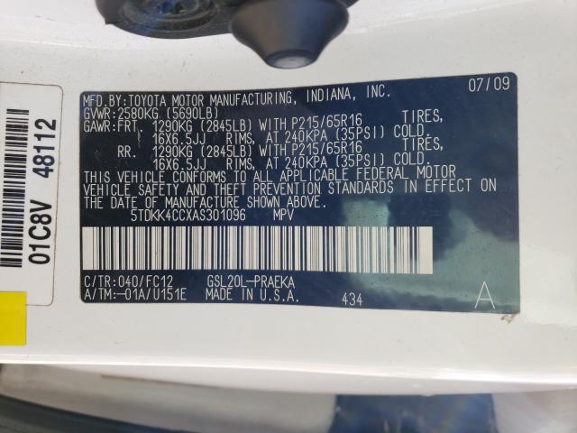 2010 TOYOTA SIENNA CE 5TDKK4CCXAS301096