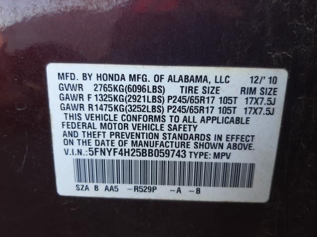 2011 HONDA PILOT LX 5FNYF4H25BB059743