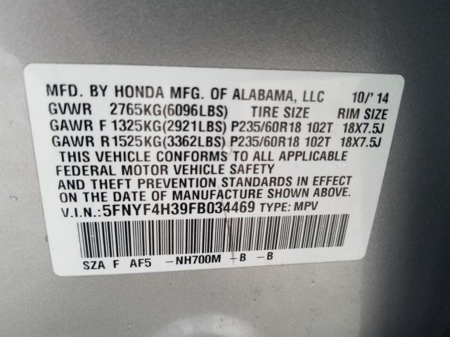 2015 HONDA PILOT SE 5FNYF4H39FB034469