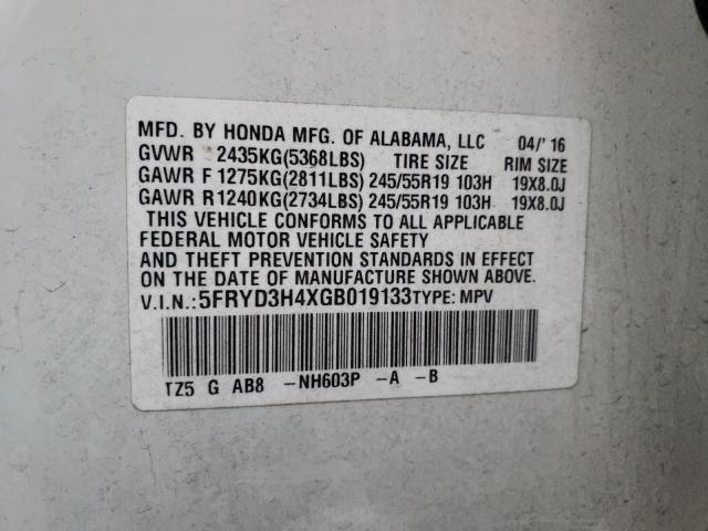 2016 ACURA MDX TECHNO 5FRYD3H4XGB019133