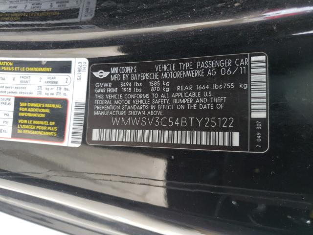 2011 MINI COOPER S WMWSV3C54BTY25122
