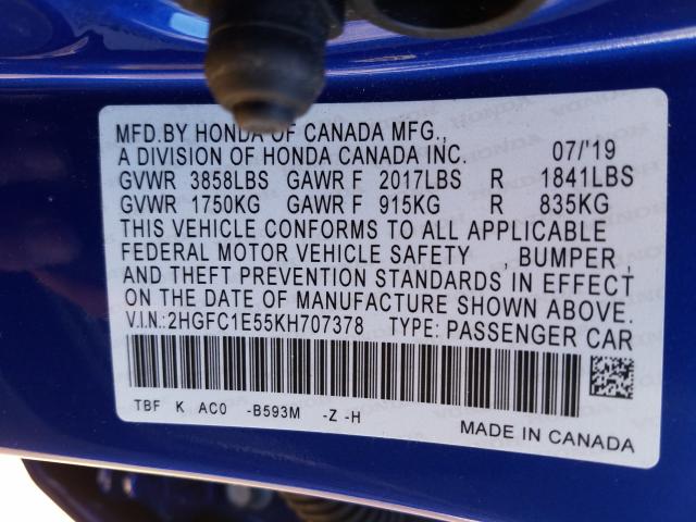 2019 HONDA CIVIC SI 2HGFC1E55KH707378