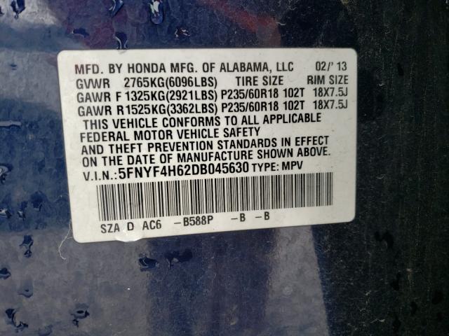 2013 HONDA PILOT EXL 5FNYF4H62DB045630