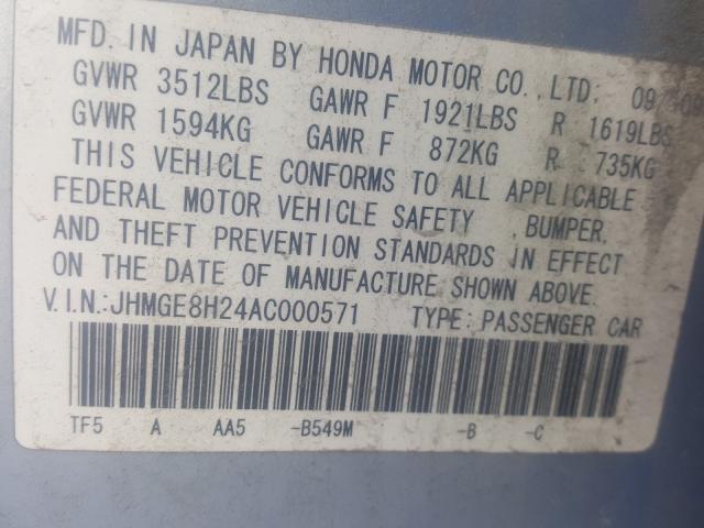 2010 HONDA FIT JHMGE8H24AC000571