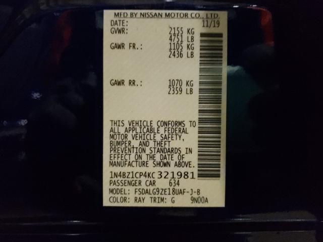 2019 NISSAN LEAF S PLU 1N4BZ1CP4KC321981