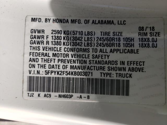 2019 HONDA RIDGELINE 5FPYK2F54KB003071
