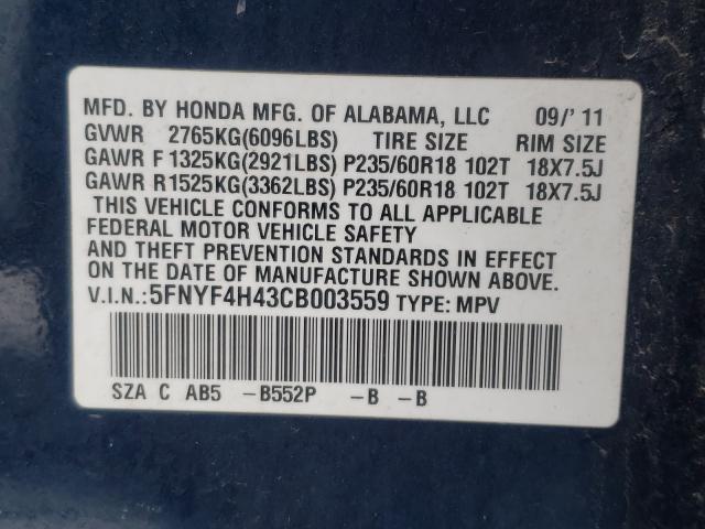 2012 HONDA PILOT EX 5FNYF4H43CB003559