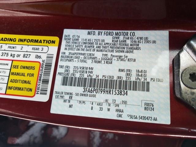 2017 FORD FUSION SE 3FA6P0T99HR153834