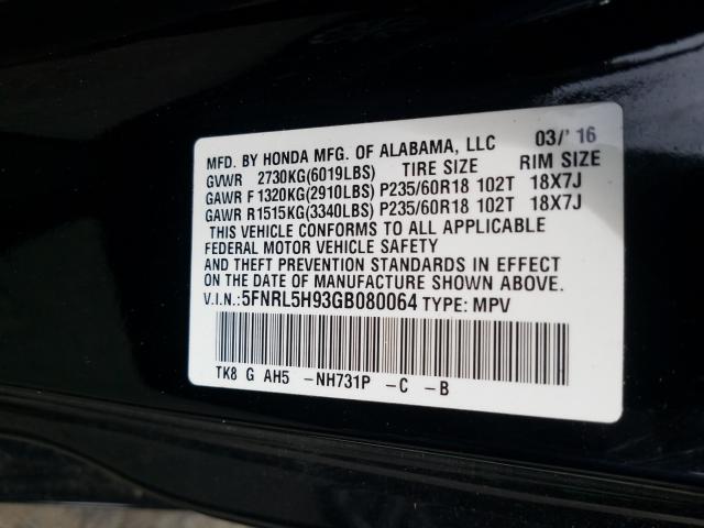 2016 HONDA ODYSSEY TO 5FNRL5H93GB080064