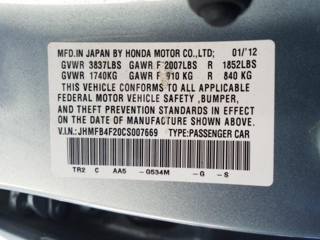 2012 HONDA CIVIC HYBR JHMFB4F20CS007669