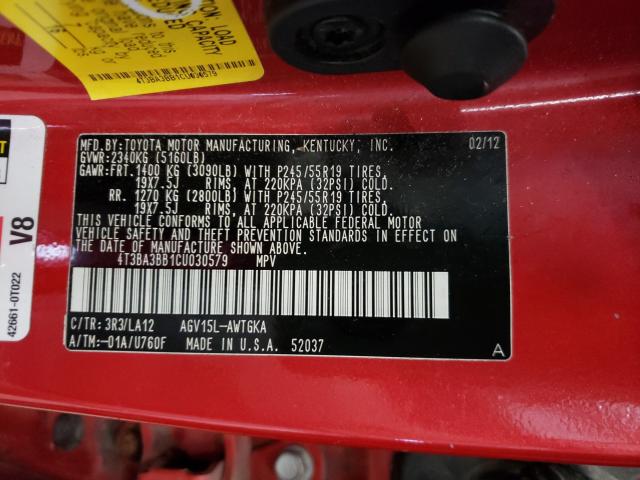 2012 TOYOTA VENZA LE 4T3BA3BB1CU030579