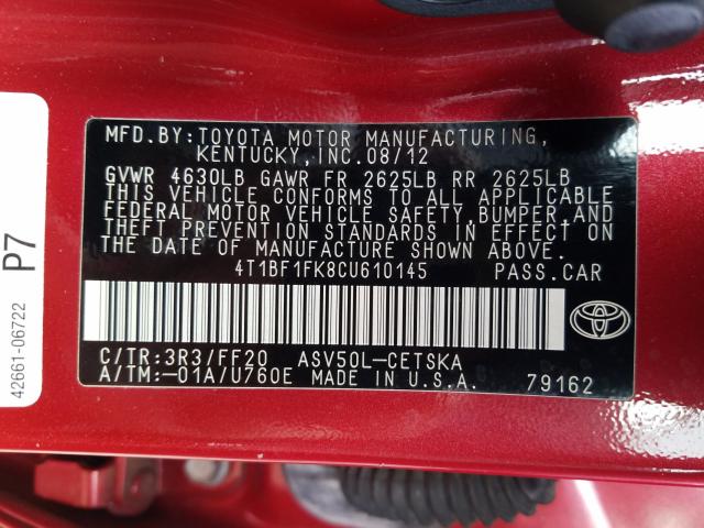 2012 TOYOTA CAMRY 4T1BF1FK8CU610145