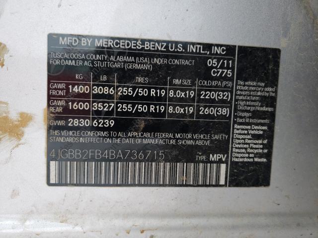 2011 MERCEDES-BENZ ML 350 BLU 4JGBB2FB4BA736715