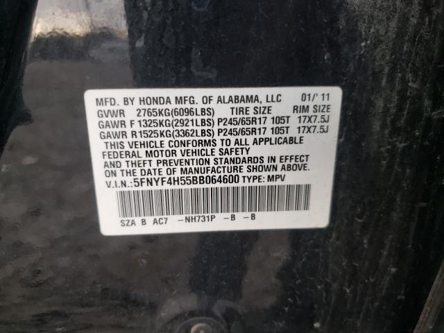 2011 HONDA PILOT EXL 5FNYF4H55BB064600