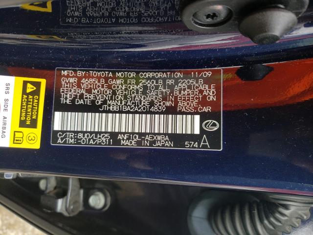 2010 LEXUS HS 250H JTHBB1BA2A2014839
