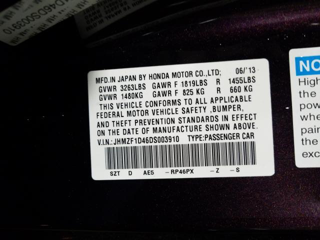 2013 HONDA CR-Z JHMZF1D46DS003910