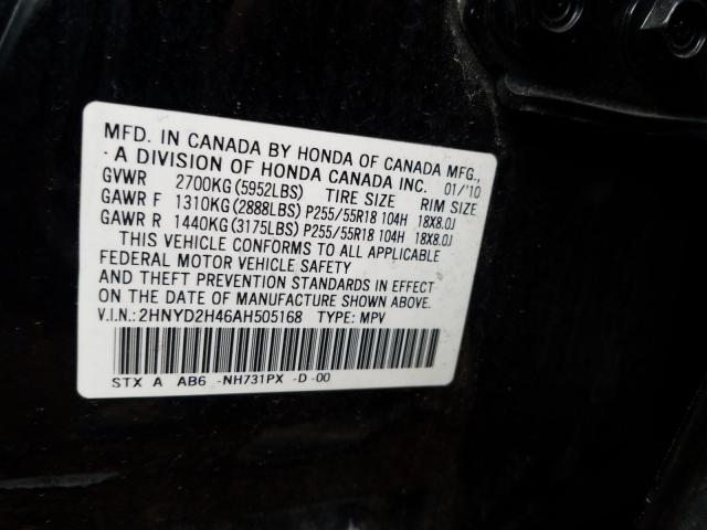2010 ACURA MDX TECHNO 2HNYD2H46AH505168