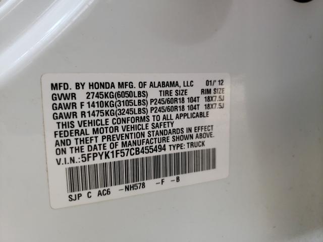 2012 HONDA RIDGELINE 5FPYK1F57CB455494