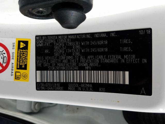 2019 TOYOTA HIGHLANDER 5TDKZRFH8KS556346