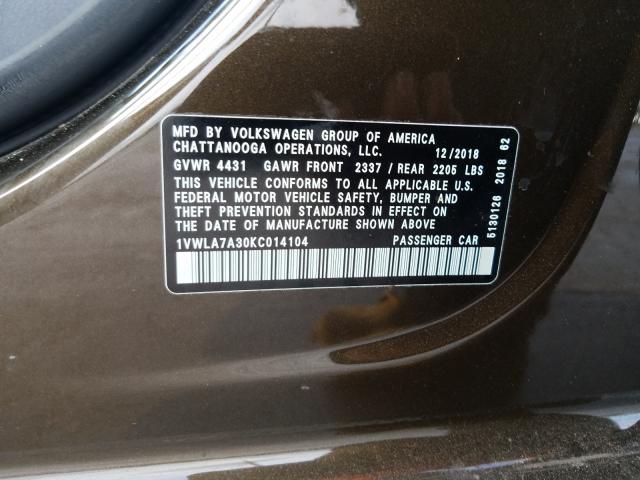 2019 VOLKSWAGEN PASSAT WOL 1VWLA7A30KC014104