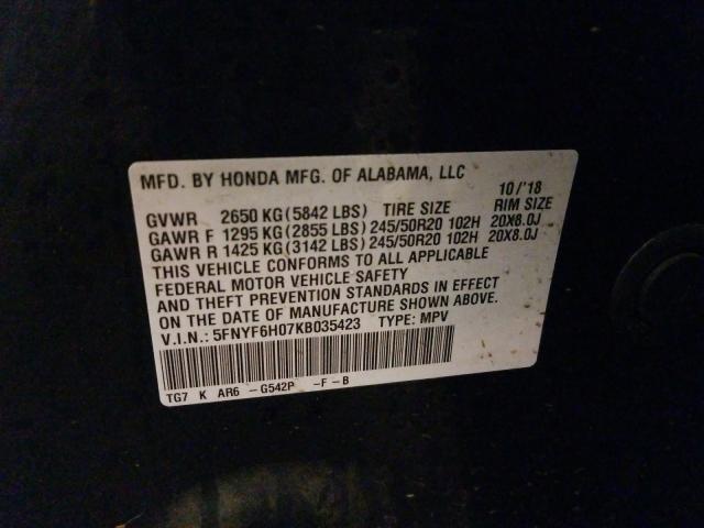 2019 HONDA PILOT ELIT 5FNYF6H07KB035423