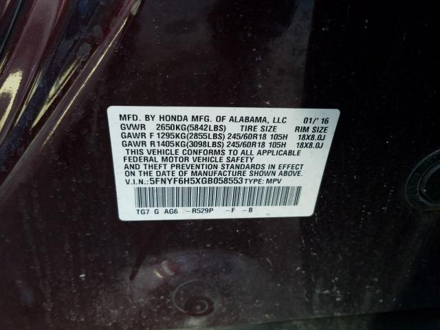 2016 HONDA PILOT EXL 5FNYF6H5XGB058553