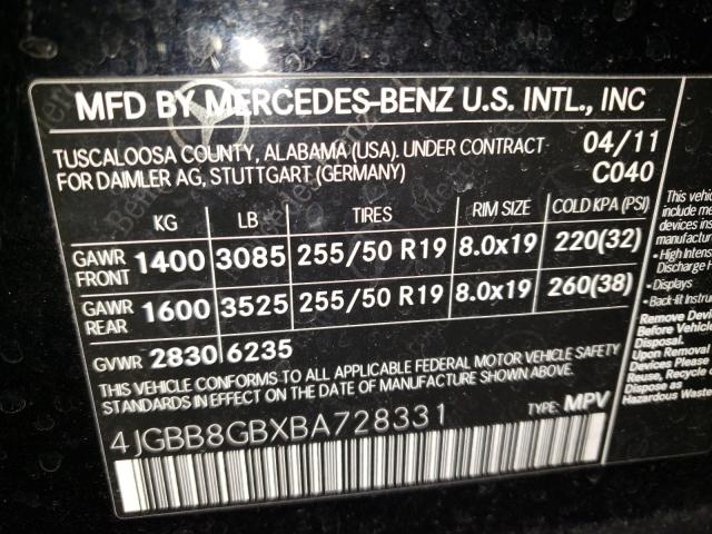 2011 MERCEDES-BENZ ML350 4JGBB8GBXBA728331