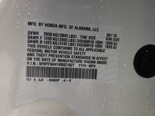 2019 HONDA PILOT EXL 5FNYF6H41KB021827