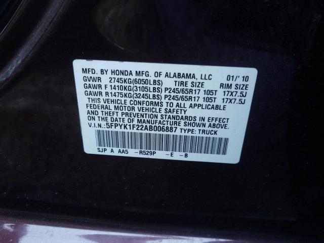 2010 HONDA RIDGELINE 5FPYK1F22AB006887