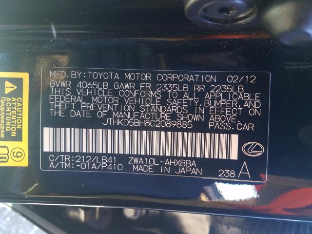 2012 LEXUS CT 200 JTHKD5BH8C2089885