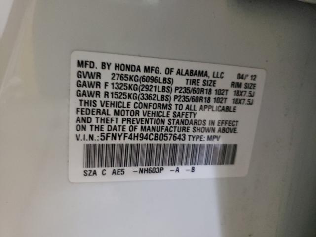 2012 HONDA PILOT TOUR 5FNYF4H94CB057643